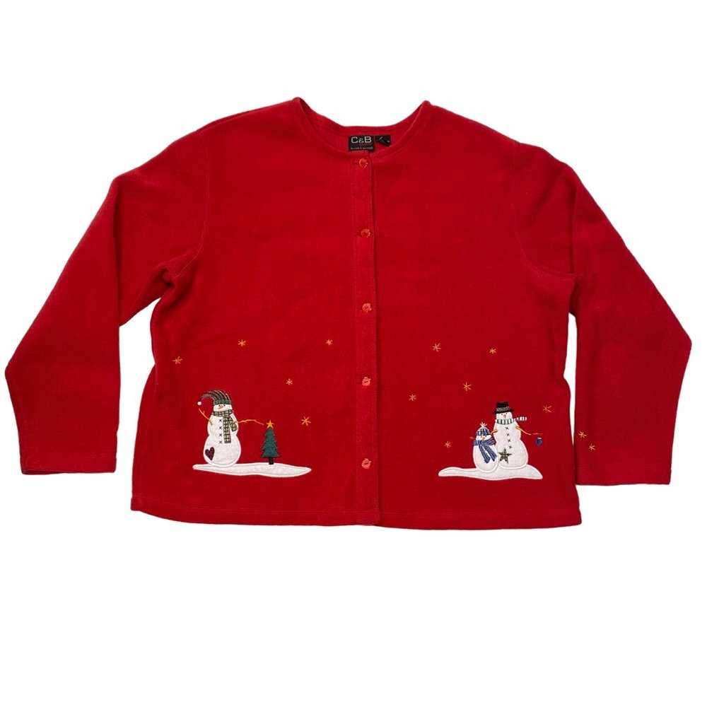 C&B XL Red Fleece Jacket Christmas Tree Snowman Stars Embroidered Button Front
